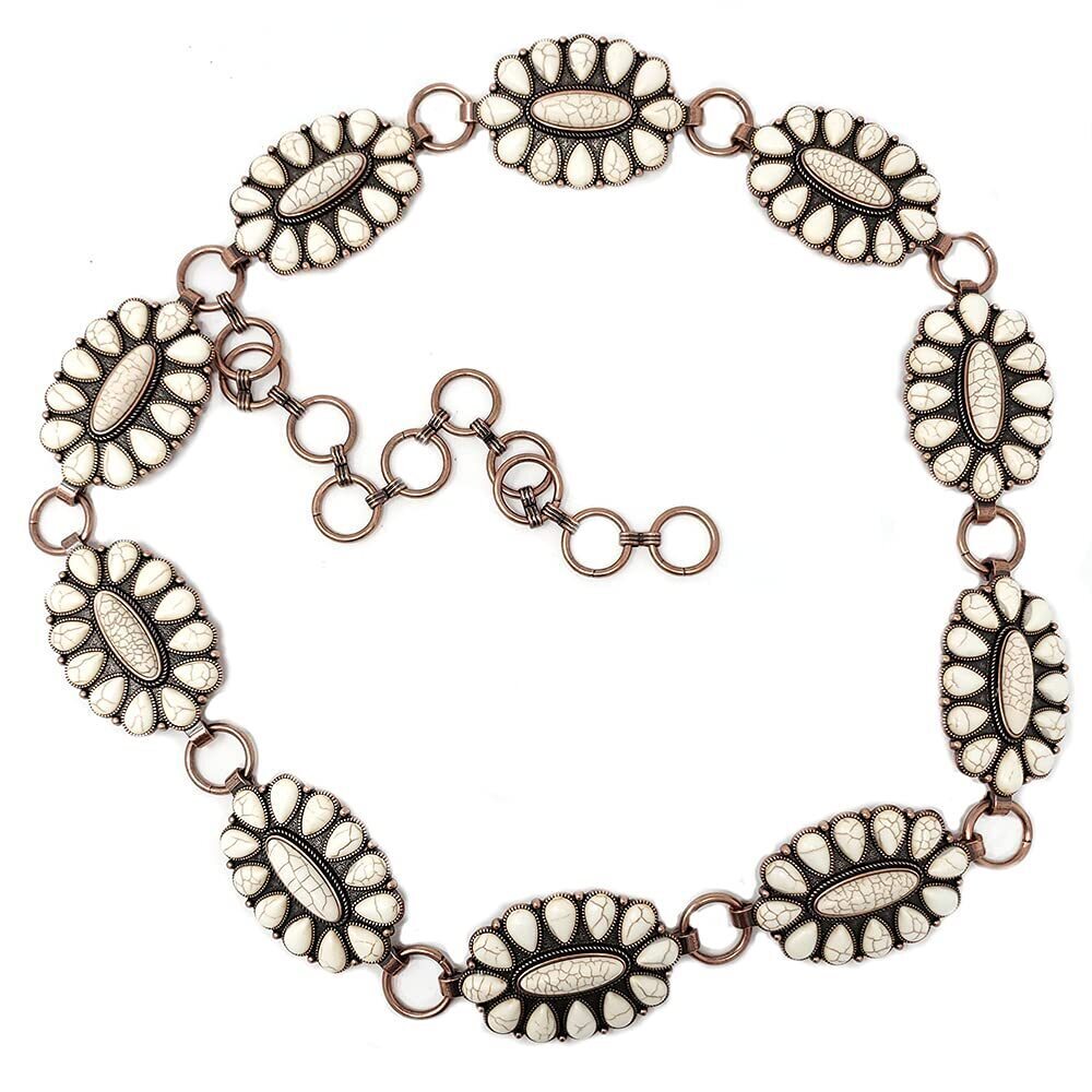1924 Western Concho Fashion Stone Chain Belt Flower (white)